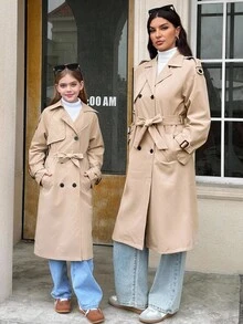 SHEIN Serisse Kids 少女双排扣翻领宽松长款风衣，配腰带，休闲军装风，适合通勤和户外活动，返校季，休闲军装风，适合通勤和户外活动，秋冬季，冬季女孩，时尚秋季，冬季女孩，母女装，卡其色母女风衣，母女装美学，适合女孩