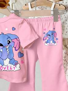 SHEIN Kawaii, Fall, Cute Cartoon Blue Rabbit Lulu, Pink Patchwork Print, Chill Chill, Young Girl Casual Minimalist Cartoon Pattern Round Neck Short Sleeve Top And Flare Pants 2 Pieces Set, Suitable For Summer, Outdoor Picnic, Outing, Street Style, Home, Bohemian - Multicolor - View 5