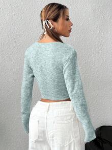 Flirla Casual Slim Fit Long Sleeve Cropped Cardigan, Spring/Autumn - Blue - View 2