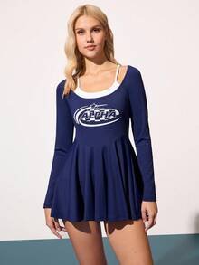 CourtClass Damen ärmelloses Kleid mit U-Ausschnitt, langen Ärmeln, personalisiertem Sportletter-Muster, A-Linie, Rüschensaum, figurbetonter Passform mit Futter-Shorts, Lässig Sport Tennis Kleid für den täglichen Gebrauch, Pickleball Kleid, Tennis Kleid mit langen Ärmeln, Aktivkleidung, Navy Tennis Kleid, Bauchkontrolle Tennis Kleid