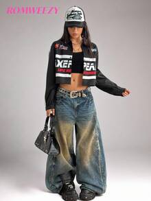 Sparklyn Teen Girl Fashion Street Motorcycle Style Letter Print Contrast Color Cropped Shirt Fall Winter - Black - View 6