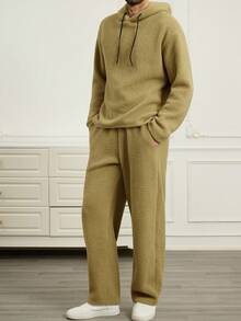 Manfinity Homme Men's Plush Fabric Drop Shoulder Hoodie And Loose Fit Pants Set, Fall Clothes - Army Green - View 5