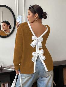 Elenzga Plus Size Women Casual Bowknot Crew Neck Long Sleeve Sweater, Autumn/Winter - Mustard Yellow - View 5
