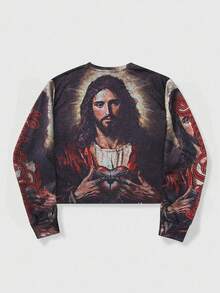 ROMWE MEN Street Life T-shirt a maniche corte da uomo con stampa gotica vintage di Gesù con strass, adatta per primavera/estate e autunno