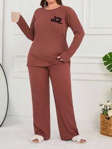 2 pezzi 100% cotone, set pigiama con camicia a maniche lunghe e pantaloni lunghi con stampa slogan