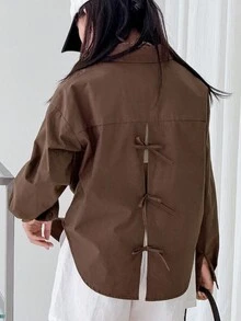 DAZY Tween Girls Casual Shirt With Backside Cutout And Bow Design, Versatile And Fashionable For Everyday Wear Long Sleeve Tops Girl - Brown - View 4