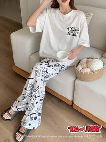 TOM AND JERRY X DAZY Bộ đồ ngủ 2 món in họa tiết hoạt hình rộng rãi và thoải mái cho nữ - trắng - Xem 6