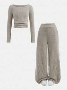 SHEIN 青少年女孩秋冬休闲时尚百搭罗纹露肩/露肩两用 T 恤上衣带口袋和直筒裤套装，适合周末、休闲外出、返校