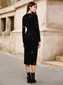 EMERY ROSE 女士黑色天鹅绒水晶缀饰修身中长连衣裙，秋冬长袖新年装黑色天鹅绒连衣裙圣诞派对女士连衣裙长款冬装新年前夜装新年装长袖连衣裙节日派对女士连衣裙闪光连衣裙女士连衣裙，波尔卡圆点连衣裙 - 黑色 - 查看 2