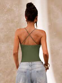 SHEIN BAE Brown Beaded Spaghetti Strap Bodysuit For Women, Summer Tight Sexy Retro Camisole Bodysuit, Beach Vacation Camisole, Beaded Camisole