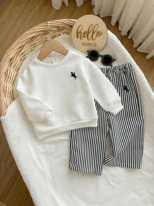 SHEIN 2 件女婴休闲条纹长袖卫衣和裤子套装，秋冬 - 白色 - 查看 5
