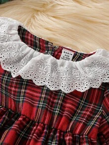 圣诞节 2 件套女婴甜美蝴蝶结毛绒背心 + 格子荷叶边连衣裙（含袜子）套装，时尚服装 - 紅色 - 查看 7