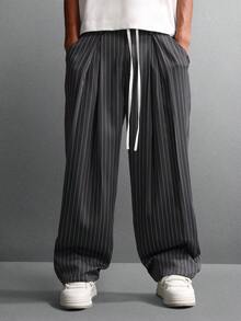 SUMWON Loose Fit Double Waistband Pinstripe Trouser With Pleats Wide Leg Formal Business Casual Office Pants - Grey - View 4