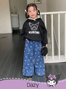 HELLO KITTY AND FRIENDS | SHEIN DAZY 少女休闲时尚可爱卡通图案阔腿牛仔裤