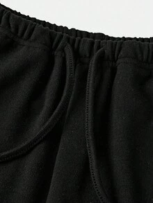 SHEIN Girlism Tween 女童宽松休闲简约百搭阔腿罗纹针织抽绳运动裤，纯色 - 黑色 - 查看 5