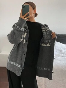 Livesso Women's Loose Business Casual Colorblock Plaid Rhinestone Horn Button Decor Hooded Cardigan Knit Top, Autumn/Winter - Grey - View 4