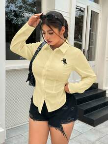 SHEIN EZwear 大码女式休闲百搭收腰长袖衬衫 - 黃色 - 查看 5