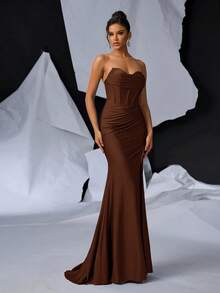 Vowa Đầm Maxi Maxi Xẻ Đuôi Cá Không Dây Cổ Tròn Trang Trí Cúp Ngực Quyến Rũ, Gợi Cảm, Đầm Dạ Hội - màu nâu - Xem 8