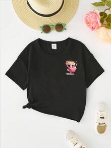 SHEIN Kleine Mädchen Lässig Modisch Kreativ Cartoon Tasse Ballett Kleine Mädchen Herz Grafik Muster Basic Kurzarm T-Shirt, Kleine Mädchen Schwarz Langarm Kawaii Süß Langarm T-Shirt - Schwarz - Übersicht 2