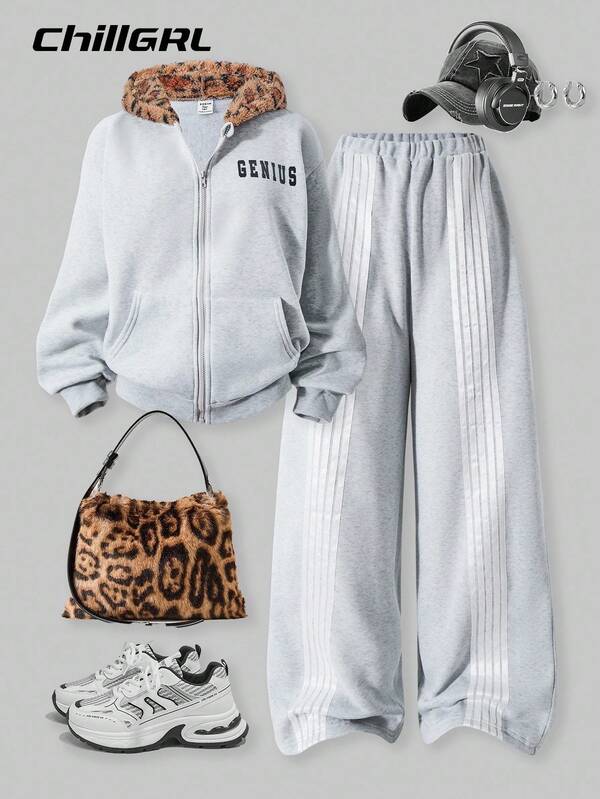 SHEIN Streecool Kids/Teen Girls Knitted Hooded Zip-Up Sweatshirt And Sweatpants Set, Casual Suitable For Spring/Autumn, Daily Wear Fall Winter