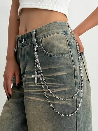 Fairycore 1pc Punk Style Cross Chain Waist Belt, Multi-Layer Iron Alloy Chain Body Chain, Women Personalized Charm Pants Chain, For Pants Decoration, Casual, Music Festival, Party Accessory