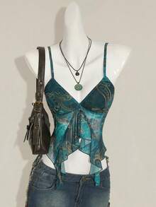 SHEIN ICON Women's Millennial Y2K Sexy Bohemian Retro Teal Paisley Print Asymmetrical Hem Ruffled V-Neck Slim Fit Camisole - Black - View 5