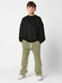 SUMWON 舒适阔腿复古慢跑裤，拼接设计，抽绳腰带，撞色侧条纹，宽松版型，青少年秋冬休闲下装 - 軍綠色 - 查看 3