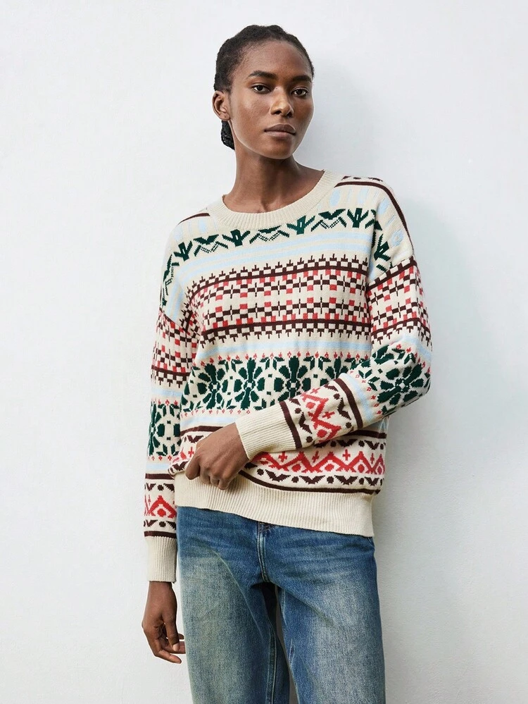 SHEIN Maija 女性用カジュアルフローラルパターンラウンドネックドロップショルダーセーター、秋冬クリスマス女性用クリスマスジャンパー、新年カジュアルブラウス、女性用ウィンターセーター、クリスマスジャンパーカジュアル、レディースカジュアルブラウス