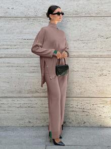 RueChic 2pcs Women''s Casual Contrast Color Long Sleeve Top And Pants Knitted Sweater Set - Dusty Pink - View 5