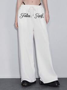 ROMWE Avant Women's Grunge Girl Wing Print Casual Pants - White - View 6
