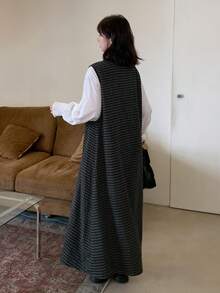 FRIFUL 女士纽扣半襟格子圆领无袖休闲宽松长款连衣裙 - 灰色 - 查看 3