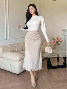 DAZY Váy len chắp vá tối giản màu trơn dành cho nữ mùa thu/đông - trắng - Xem 4