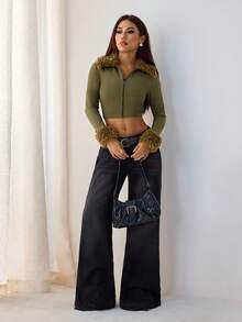 SHEIN PETITE Women's Autumn Patchwork Faux Shearling Collar Zip Front Cropped Slim Fit Lightweight Jacket Winter Tops Women Crop Top Jacket Fur Trim Top Women Crop Jacket Ribbed Crop Top - Army Green - View 6