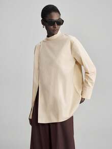 Ontre 2026春夏女士优雅长袖衬衫，适合独立日、海滩、度假、毕业典礼、办公室、商务、休闲等场合，纯色，侧开衩下摆，百搭 - 杏色 - 查看 6