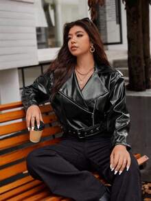 Vionelle Chaqueta corta de motociclista de piel sintética para mujer de talla grande - Negro - Ver 3