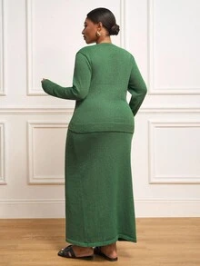 Veslaya 秋冬新款大码女装优雅派对/约会/休闲长袖单排扣针织开衫搭配修身针织中长裙套装，绿色两件套，曲线裙套装，绿色曲线连衣裙，舒适秋冬女装，女士冬季大码裙套装两件套，女士大码两件套，曲线女装两件套 - 軍綠色 - 查看 9