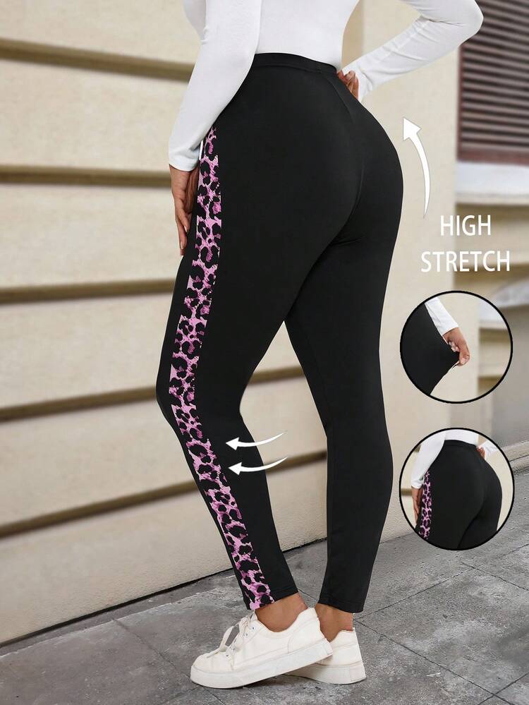 Plus Size Casual Everyday Leopard Print Patchwork Stretch Leggings, Autumn High Stretch Leggings Yoga Pants Leopard Print Leggings Leggings For Women Plus Size Leggings