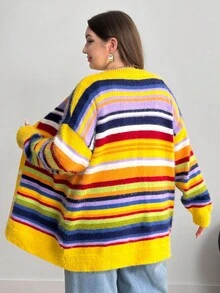 Enliva 大码女式长袖开衫，彩色条纹针织毛衣，秋冬女装 - 彩色 - 查看 2