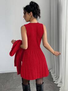 Elenzga Bộ 2 chiếc váy len cardigan màu trơn thanh lịch khi đi làm - Đỏ - Xem 2
