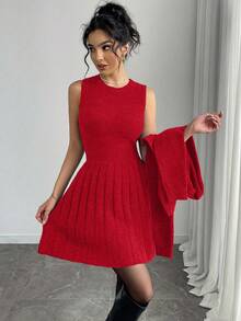 Elenzga Bộ 2 chiếc váy len cardigan màu trơn thanh lịch khi đi làm - Đỏ - Xem 3