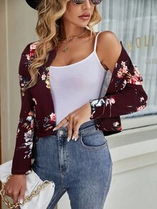 SHEIN Clasi Floral Print Gigot Sleeve Cropped Cardigan In Fall/Winter - Burgundy - View 5