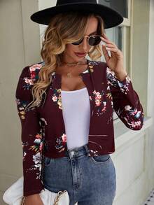 SHEIN Clasi Floral Print Gigot Sleeve Cropped Cardigan In Fall/Winter - Burgundy - View 6