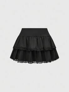 ROMWE Goth 哥特洛丽塔性感交叉蕾丝边紧身胸衣上衣和撞色蕾丝边蛋糕裙 2 件套 - 黑色 - 查看 4