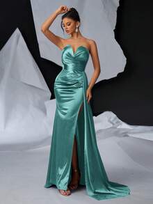 Glamrae 优雅奢华 V 领褶饰侧垂高开衩鱼尾长裙、晚礼服 - 薄荷藍 - 查看 3