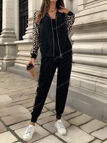 EMERY ROSE Conjunto de top de manga larga y pantalones de 2 piezas con parches de estampado sólido y de leopardo para mujer - Multicolor - Ver 1