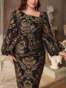 Aureia Plus Size Autumn And Winter Elegant And Gorgeous Black And Gold Yarn-Dyed Jacquard Satin Asymmetrical Collar Bubble Lantern Sleeves Pleated Slim Fishtail Hem Suitable For Dinner Bachelorette Party Date Dance Holiday Wedding Event Birthday Cocktail Dress