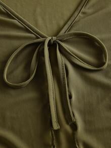 SHEIN ICON Green Mesh V-Neck Frill Trim Flare Sleeve Crop Top For Women - Army Green - View 3