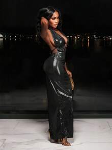 BamGleam Vestido de mujer sexy con diseño hueco y concha de metal - Negro - Ver 4