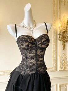 SHEIN MOD Lace Sexy Bustier Top With Fishbone Stitching And Spaghetti Straps, Fashion Outerwear - Black - View 7
