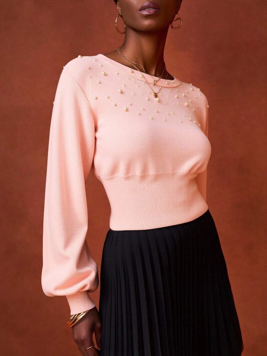 Zivah Nuevo suéter de punto de manga larga con escote bardot, mangas de murciélago y detalle de perlas falsas, de unicolor, elegante y versátil, para otoño/invierno